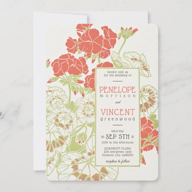 Invitación Boda de estilo de impresión de imagen de geranio v (Anverso)