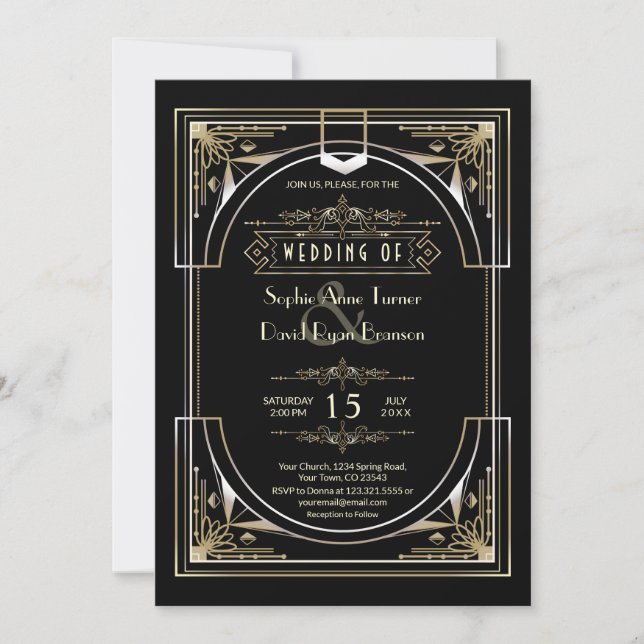 Invitación Boda de estilo de lujo negro grande de los años 20 (Anverso)