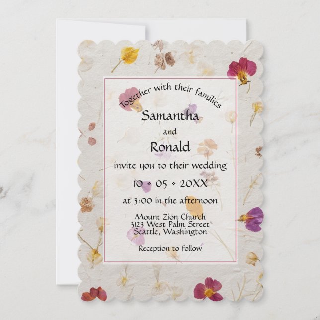 Invitación Boda de estilo de papel con flores de imitación (Anverso)