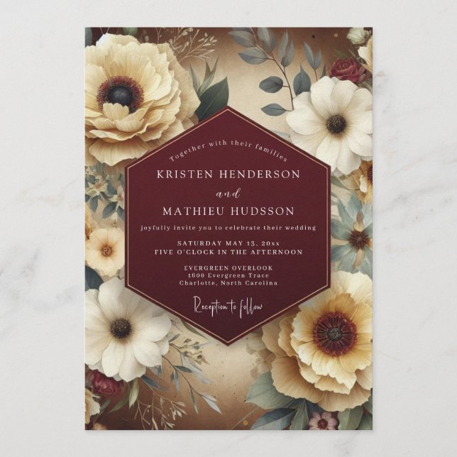 Invitación Boda de Estilo de Vida Marrón Rojo y Verde Azulada (Anverso)