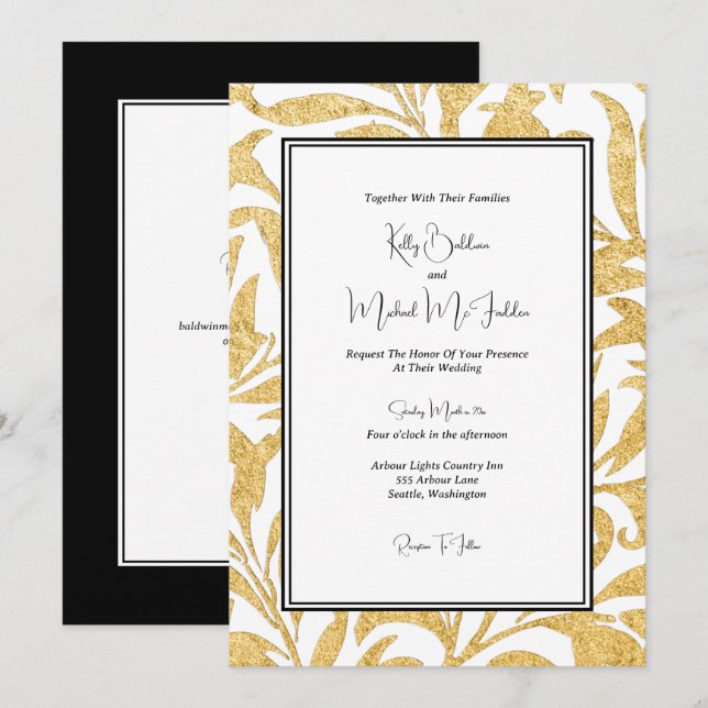 Invitación Boda de estilo elegante dorado y negro (Anverso / Reverso)