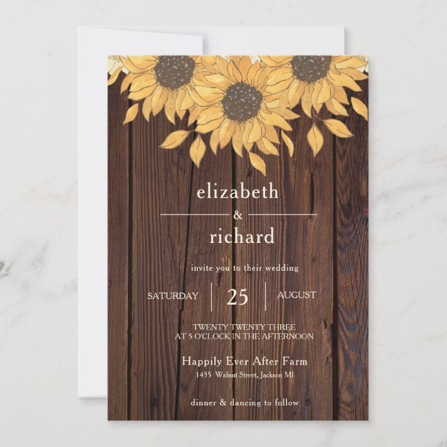 Invitación Boda de estilo granja rústica de girasol (Anverso)