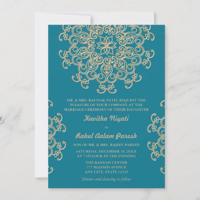 INVITACIÓN BODA DE ESTILO INDIO AZUL AQUAMARINA Y ORO (Anverso)