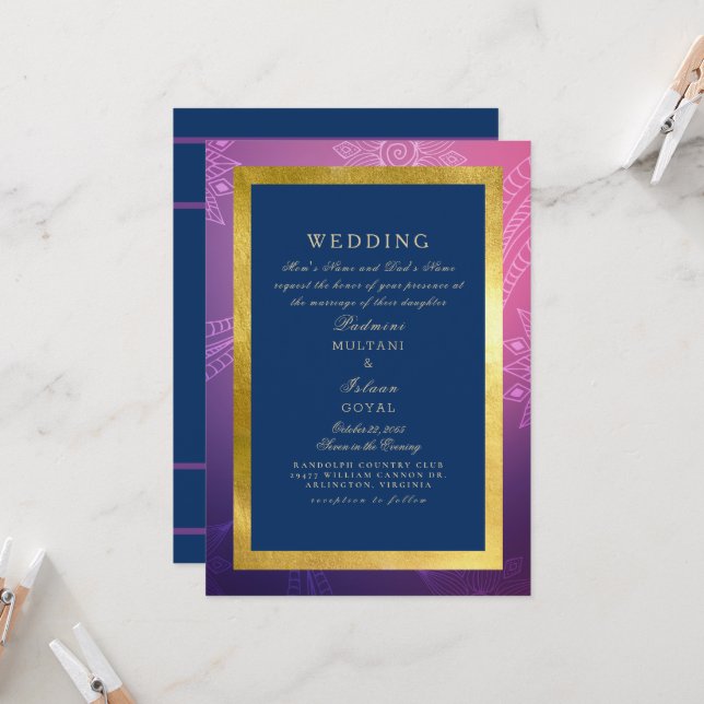 Invitación Boda de estilo indio azul, rosa y dorado (Anverso/Reverso In Situ)