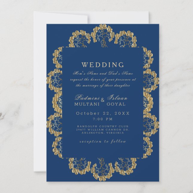 Invitación Boda de estilo indio azul y dorado (Anverso)