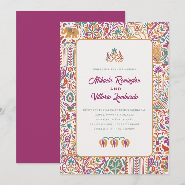 Invitación Boda de estilo indio colorido (Anverso / Reverso)