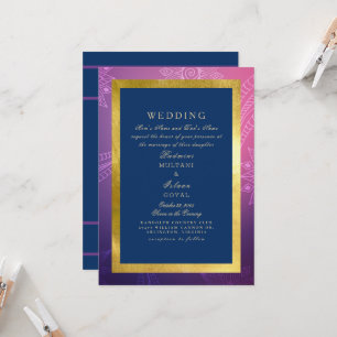 Invitación Boda de estilo indio real azul, rosa y dorado