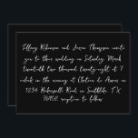 Invitación Boda de estilo manuscrito blanco y negro<br><div class="desc">Los detalles del boda se enumeran en un estilo manuscrito,  en blanco. La parte posterior de la invitación es un negro sólido con texto blanco para la fecha.</div>