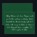 Invitación \Boda de estilo manuscrito verde blanco y forestal<br><div class="desc">Los detalles del boda se enumeran en un estilo manuscrito,  en blanco. La parte posterior de la invitación es un bosque sólido verde con texto blanco para la fecha.</div>
