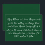 Invitación \Boda de estilo manuscrito verde blanco y forestal<br><div class="desc">Los detalles del boda se enumeran en un estilo manuscrito,  en blanco. La parte posterior de la invitación es un bosque sólido verde con texto blanco para la fecha.</div>