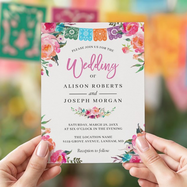 Invitación Boda de estilo mexicano con flores de papel picado (Subido por el creador)