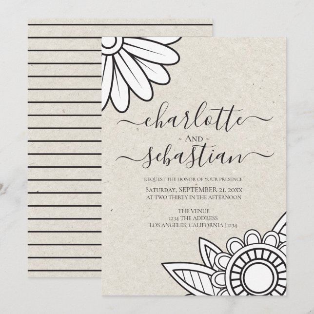 Invitación Boda de estilo moderno de tipografía de flores (Anverso / Reverso)
