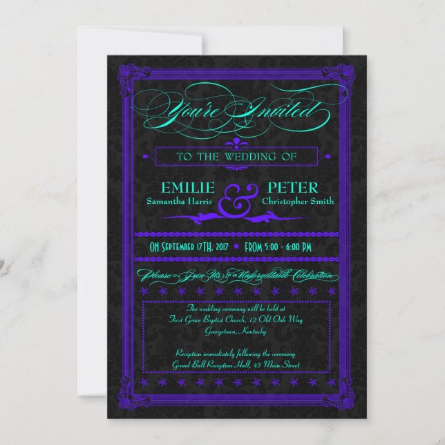 Invitación Boda de estilo Poster eléctrico Verde azulado y pú (Anverso)