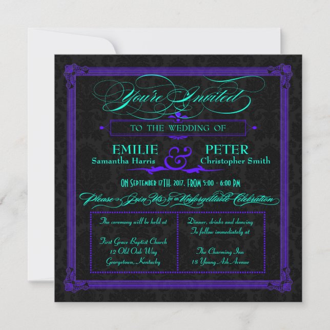Invitación Boda de estilo Poster eléctrico Verde azulado y ve (Anverso)