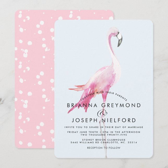 Invitación Boda de estilo tropical Flamingo rosa (Anverso / Reverso)