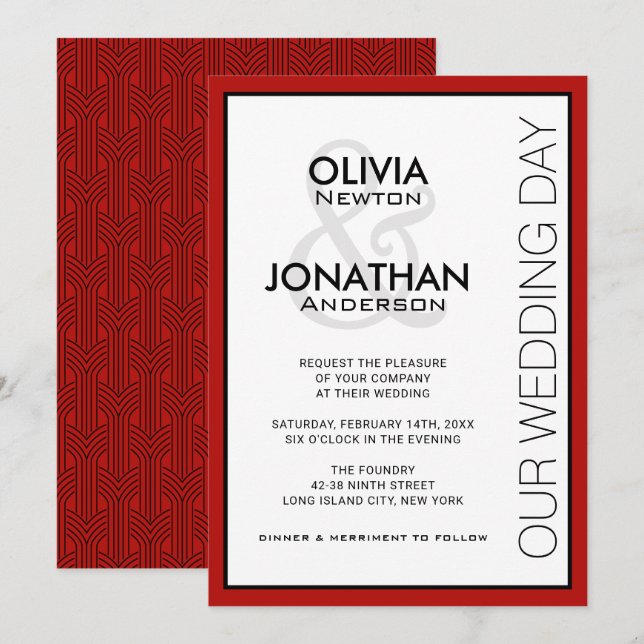 Invitación Boda de estilo urbano moderno con acentos rojos (Anverso / Reverso)