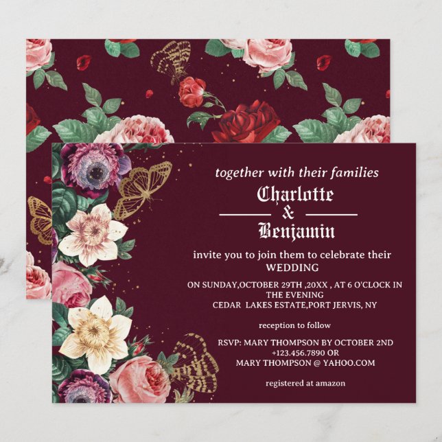 Invitación Boda de estilo victoriano con flores de borgoña vi (Anverso / Reverso)