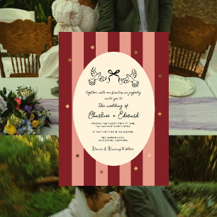 Invitación Boda de Estrella Dorada con Rayas Rosadas y Rojas