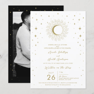 Invitación Boda de estrellas blancas y doradas ráfaga solar c