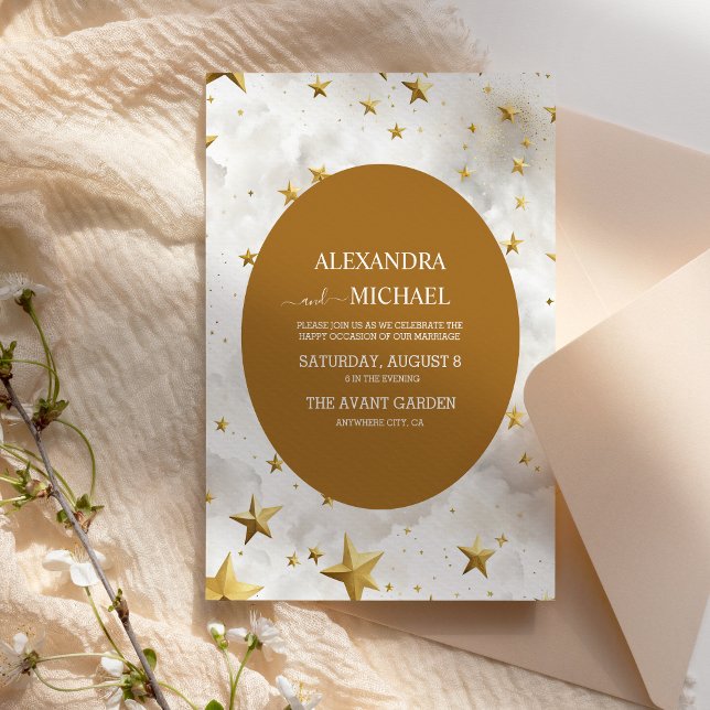 Invitación Boda de estrellas celestes blancas y doradas (Subido por el creador)