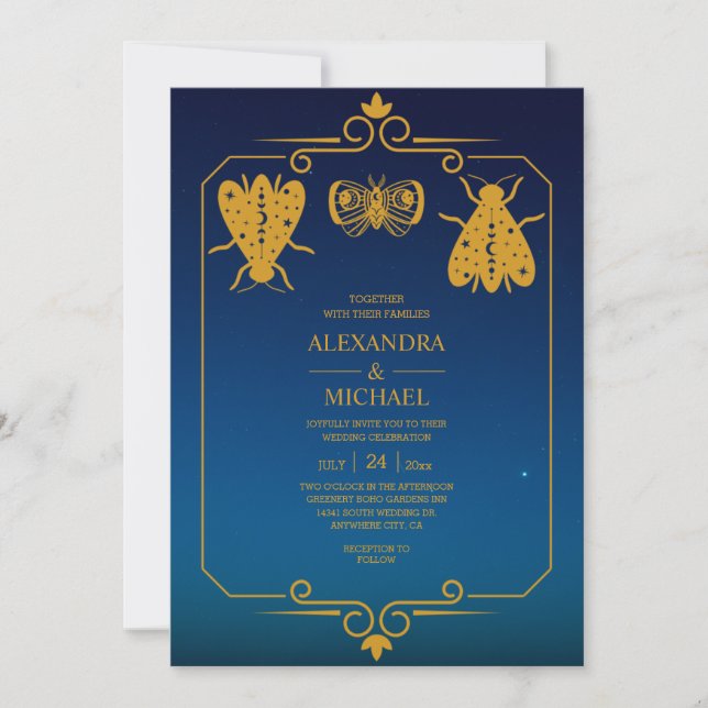 Invitación Boda de estrellas celestes de oro azul místico (Anverso)