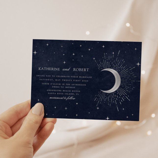 Invitación Boda de estrellas celestes de plata azul medianoch (Subido por el creador)