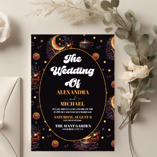 Invitación Boda de Estrellas Celestiales de Oro Negro Místico