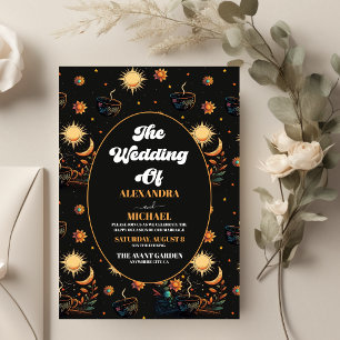 Invitación Boda de Estrellas Celestiales de Oro Negro Místico