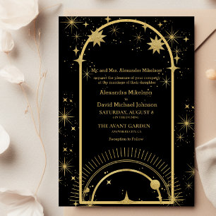 Invitación Boda de Estrellas Celestiales de Oro Negro Místico