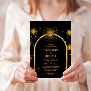 Invitación Boda de Estrellas Celestiales de Oro Negro Místico