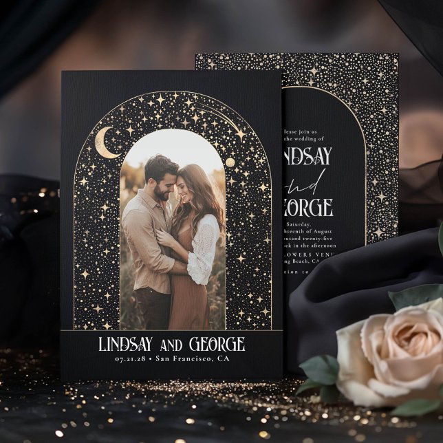Invitación Boda de estrellas celestiales románticas de la noc (Celestial Modern Black Wedding Photo Invitations)
