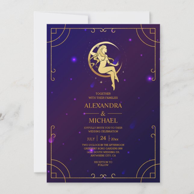 Invitación Boda de Estrellas Celestiales Rosa Místico Azul    (Anverso)