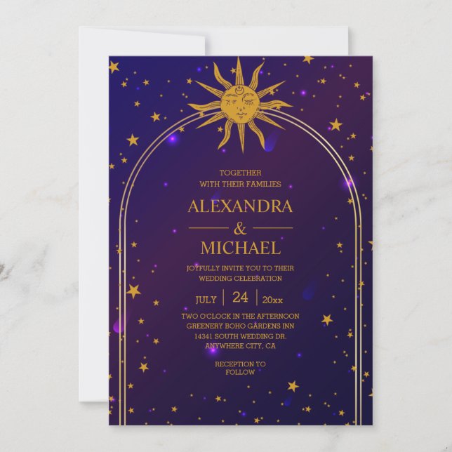 Invitación Boda de Estrellas Celestiales Rosa Místico Azul (Anverso)