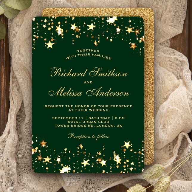 Invitación Boda de Estrellas de Brillo Falso Glamurosas Verde (Subido por el creador)