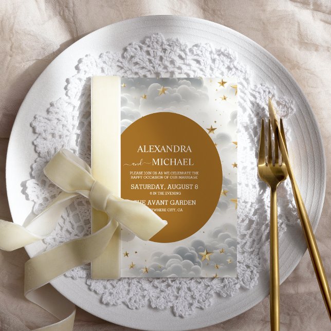 Invitación Boda de estrellas de luna celeste blanca y dorada (Subido por el creador)