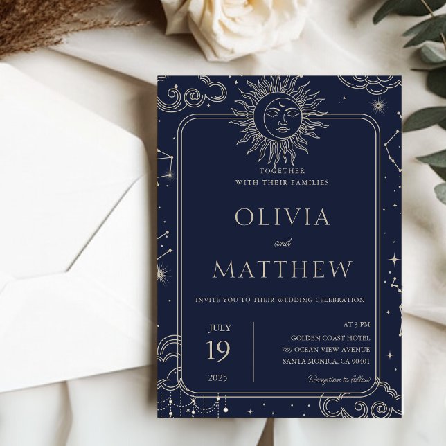 Invitación Boda de Estrellas de Luna de Estrella Celestial de (Celestial Mystical Starry Night Moon Stars Wedding Invitation)