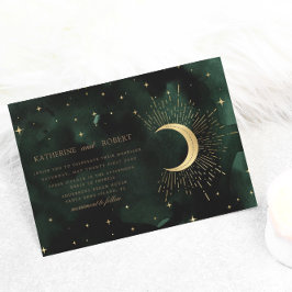 Invitación boda de estrellas de oro verde de medianoche celes