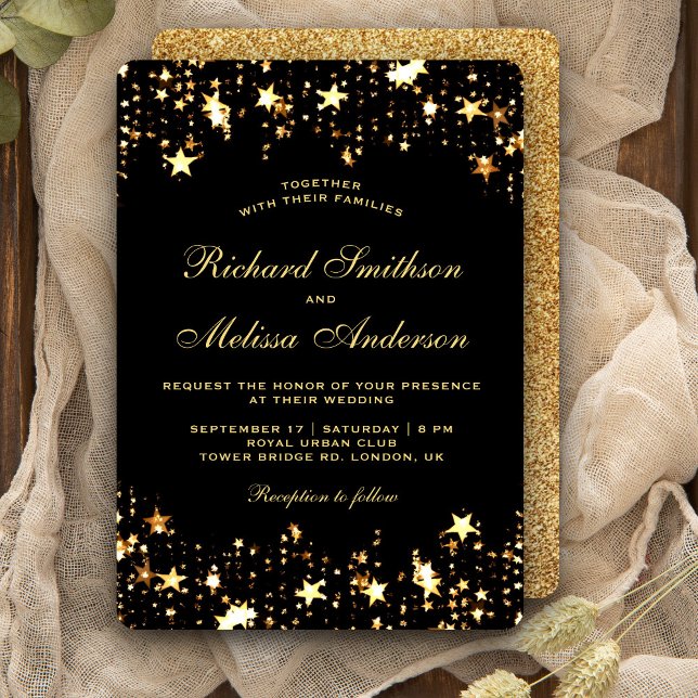 Invitación Boda de Estrellas de Purpurina Falsa de Oro Negro  (Subido por el creador)