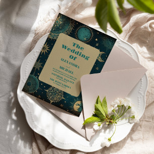 Invitación Boda de estrellas doradas de verde celeste a media
