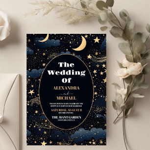 Invitación Boda de Estrellas Luna Azul Celestial Medianoche