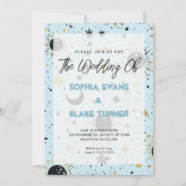Invitación Boda de estrellas, luna y sol celeste negro, dorad