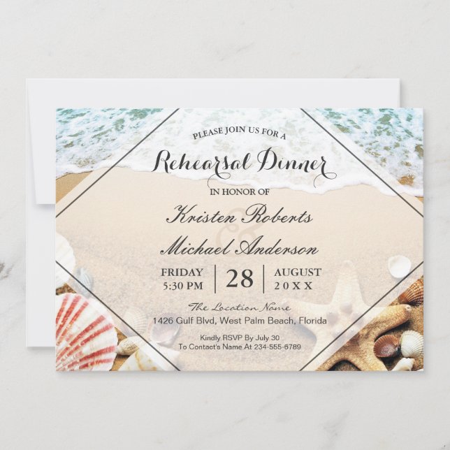 Invitación Boda de estribaciones de la playa de verano Cena (Anverso)