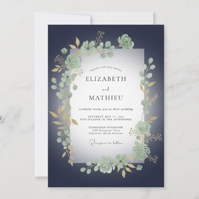 Invitación Boda de eucalipto a medianoche (Anverso)