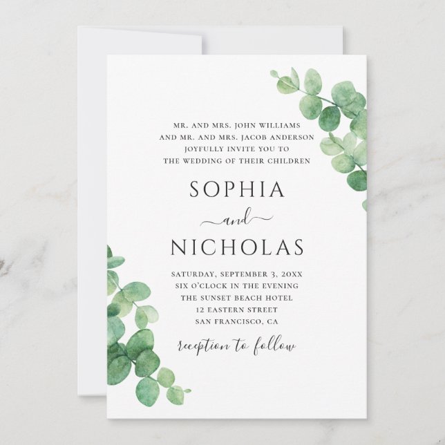 Invitación Boda de eucalipto acuarela. Follaje verde (Anverso)