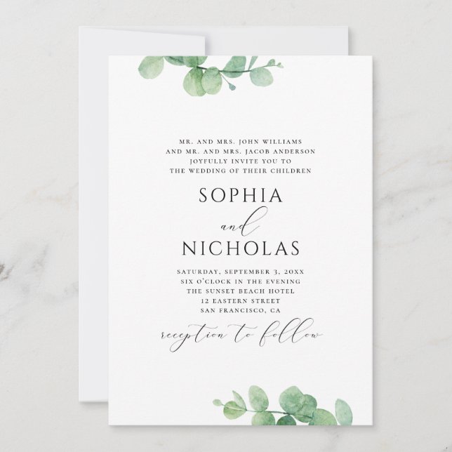 Invitación Boda de eucalipto acuarela. Follaje verde (Anverso)