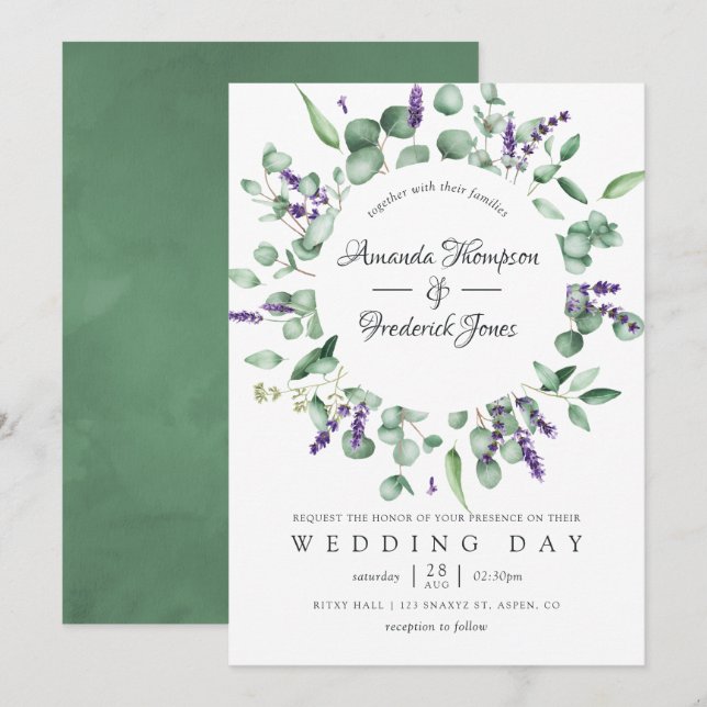 Invitación Boda de eucalipto acuarela lavanda verde (Anverso / Reverso)