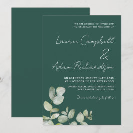 Invitación Boda de eucalipto acuarela verde oscuro moderno