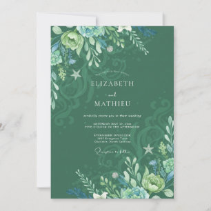 Invitación Boda de eucalipto acuático de algas marinas azul v