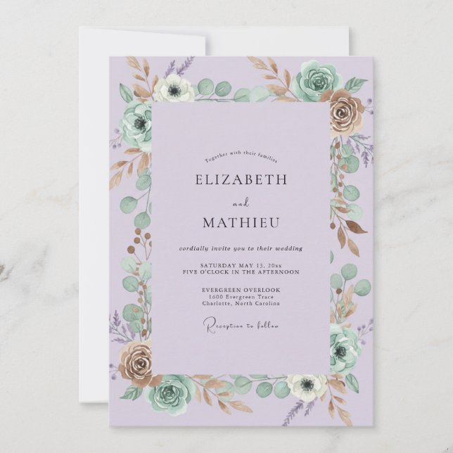 Invitación Boda de Eucalipto Anémona Lila (Anverso)
