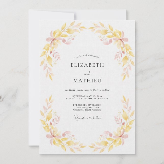Invitación Boda de eucalipto apagado con follaje amarillo pál (Anverso)